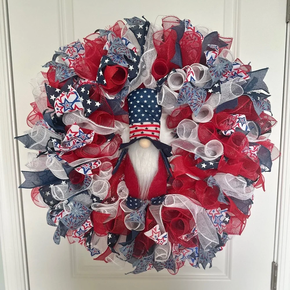 Patriotic Gnome Wreath Red White Blue Americana Summer Door Decor 27 inch